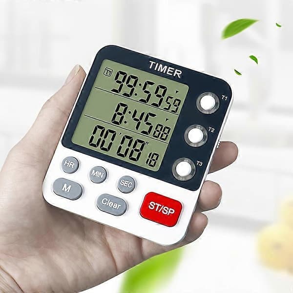 Digital dubbel kökstimer, matlagningstimer med minnesfunktion, 3 kanaler räknar upp ned timer med magnetisk baksida, justerbar volym