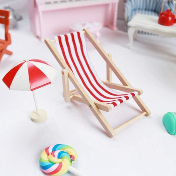 2st Mini Beach Stolar, Mini Trästol Strandstol Model Mini hopfällbar strandstol Mini Möbeltillbehör med röda/blåa ränder