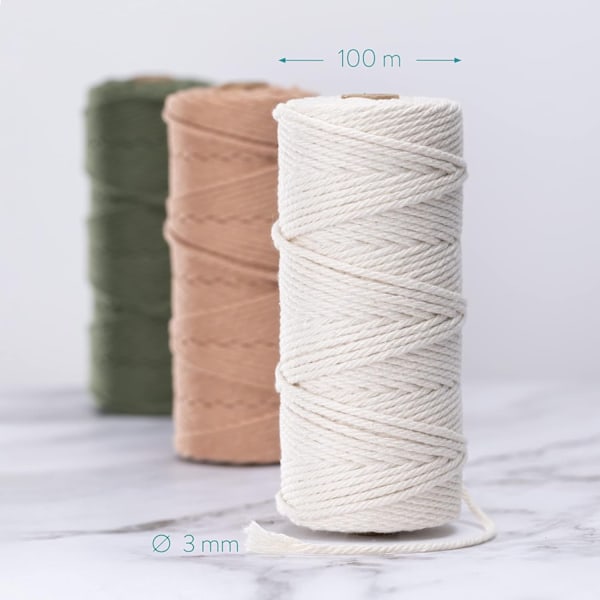 Makrameelangat 3 väriä, Makrameenaru 3mm X 100m Luonnollinen Makramee Co-WELLNGS