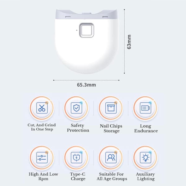 Elektrisk negleklipper profesjonell med poleringshode LED-lys lilla USB White