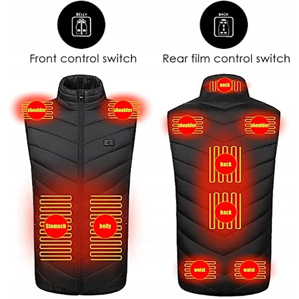 Oppvarmet vest for menn og kvinner USB oppladbar oppvarmet jakke kontrollvest, 3 varmenivåer 11 varmesoner svart black black S