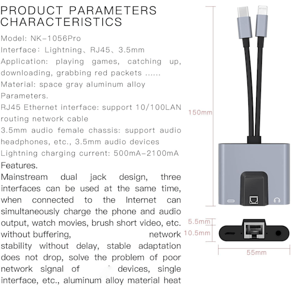 2-in-1 Lightning/Type-C - Ethernet-sovitin -Phone/-Padille 100 Gigabit Ethernet LAN-verkkoadapter, (I-S 12.0 tai uudemmalle)