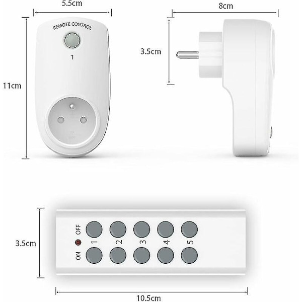 Set med 5 programmerbara eluttag, trådlösa fjärrkontrolluttag med 2 fjärrkontroller 2-XF7-
