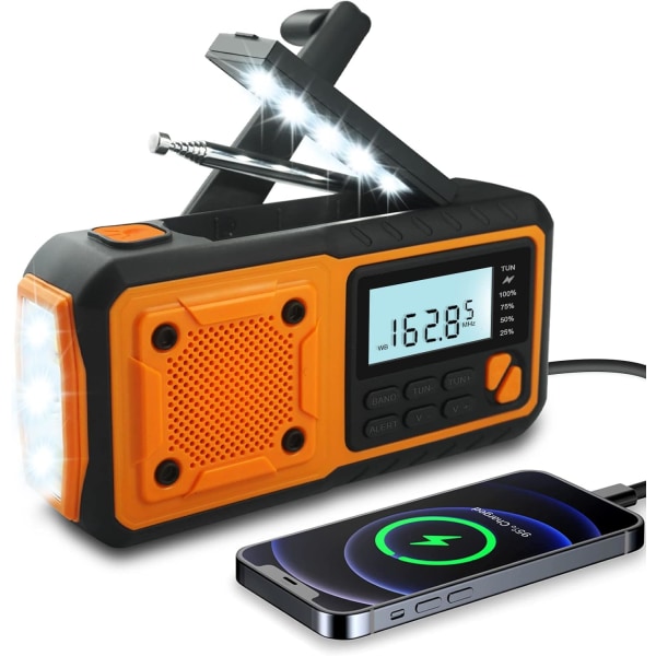 4000mAh Solar Hand Crank Radio, AM/FM/WB/NOAA og Alert Portable Weather Radio
