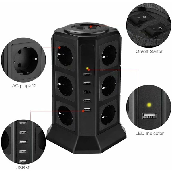 Euro Sort med USB Euro 12 Bit 3 Lag 5 USB-porte Overbelastnings- og Overspændingsbeskyttelse Velegnet til Hjem, Indendørs