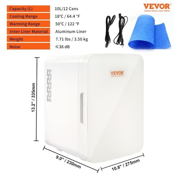 Minikylskåp 10 L - VEVOR - 12 V DC/220 V AC Mini Bärbar Kosmetisk Kyl - Varm och Kall Dubbelläge - Vit