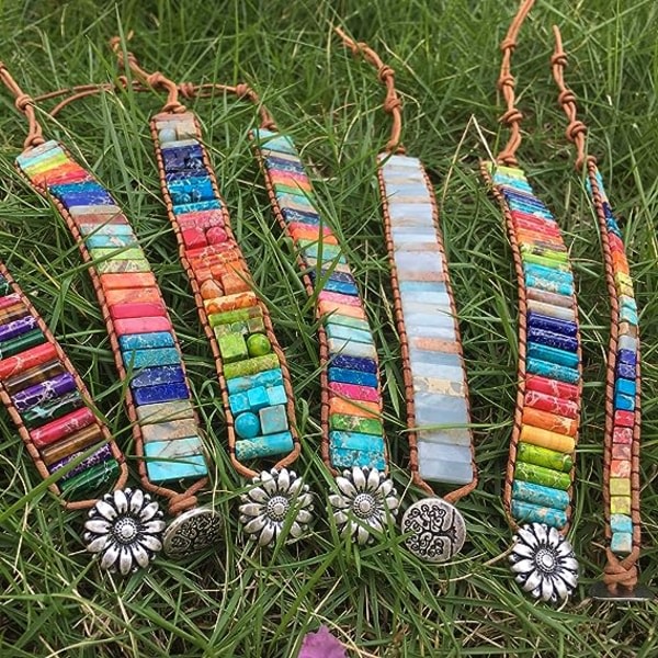7 Chakra armbånd for kvinder med äkta stenar Läder Wrap Healing Bead Armband Kvinnor Män Boho Vänskap Smycken