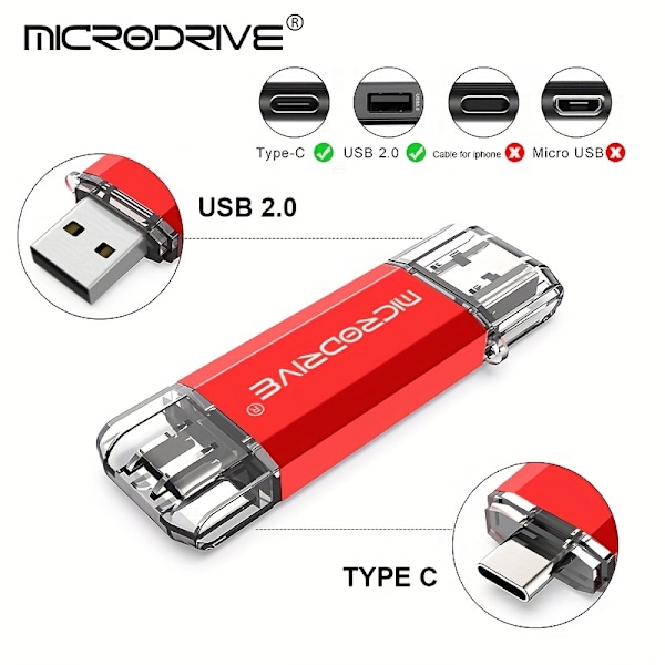 Microdrive 128GB 64GB 32GB 16GB 8GB 4GB USB Typ C Höghastighets USB-minne OTG Pen Drive Type-C