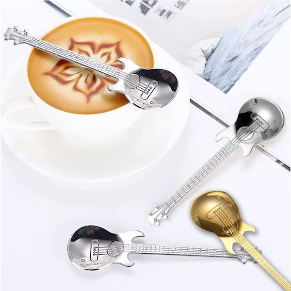Sett med 6 rustfrie dessertskjeer, teskjeer, kaffeskjeer, rustfrie gitar-skjeer-XF3-
