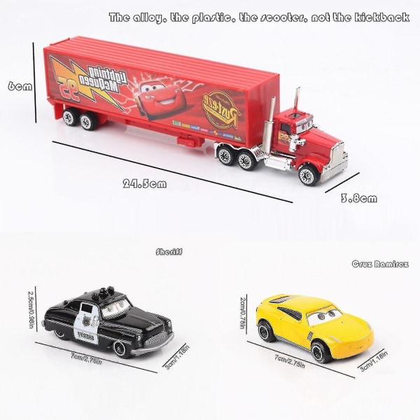 6 stk. Biler 3 Lightning Mcqueen Jackson Storm Mack Onkel Lastbil Metal Bilmodel Legetøjsgave