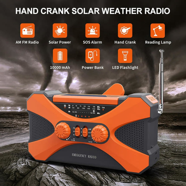 10000mAh handvev nödradio - Solar handvev radio för campingutrustning överlevnadsutrustning
