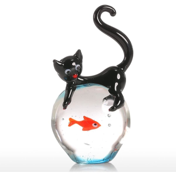 Glasskulptur i kat og guldfisk fiskefyr objekt