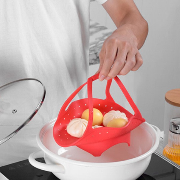 Silikon ångbåtshållare Creative med mjukt bärhandtag Bärbar hög seghet Rivbeständig fruktskål ångbåt för grönsaker Rosa