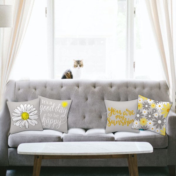 Blommiga gula och gråa kuddfodral till soffa, Dubbelsidig