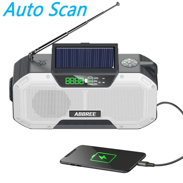 Emergency Radio Solar Genopladelig Lommelygte Kompas Alarm Multifunktionel Bærbar Udendørs Højttaler Hvid [2000mAh]