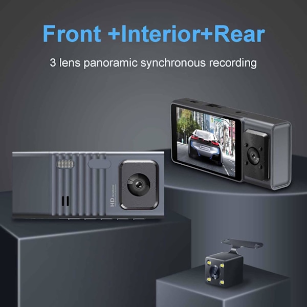 Dashcam - Fram och baksida Inuti 1080P Dash-kamera för Bilar, 3-kanals Dashcam Trevägs Bilkamera med Infraröd Nattsyn, Loop-inspelning, APP C-XM4-