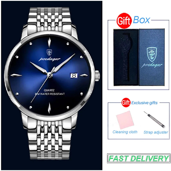 POEDAGAR Ultra Tunn Män Quartz Armbandsur Vattentät Lyx Märke Lysande Watch Man Rostfritt Stål Casual Gåvor blue and box