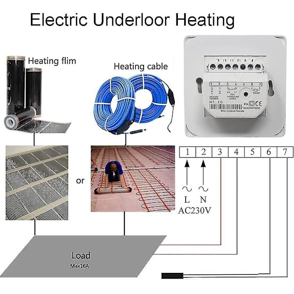 Manuaalinen sähköinen lattialämmitystermostaatti AC 220v 16a anturilla, mekaaninen lattialämmityksen termostaattiohjaus [energiatehokkuusluokka A+++] (x)