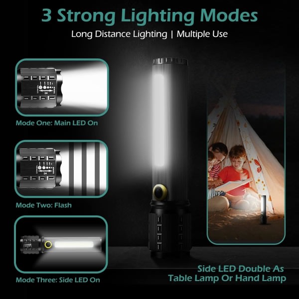 Taktisk LED-fackla, 2 kpl bärbar ficklampa 3 lägen, justerbar och zoombar ljus ficklampa, 14 cm svart