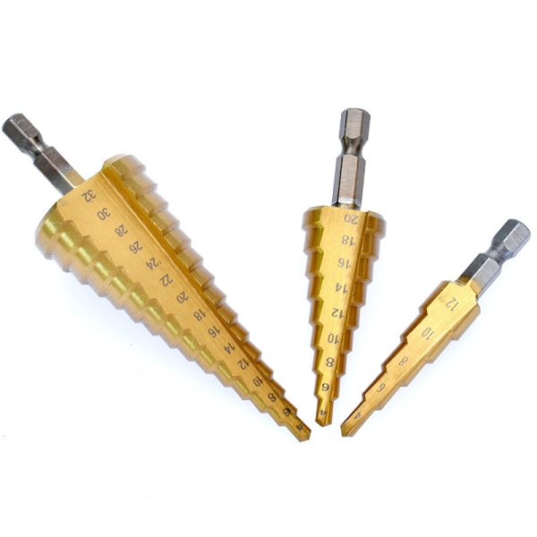 3-sett trinnborsett, høyhastighetsstål (4-12 mm, 4-20 mm og 4-32 mm)