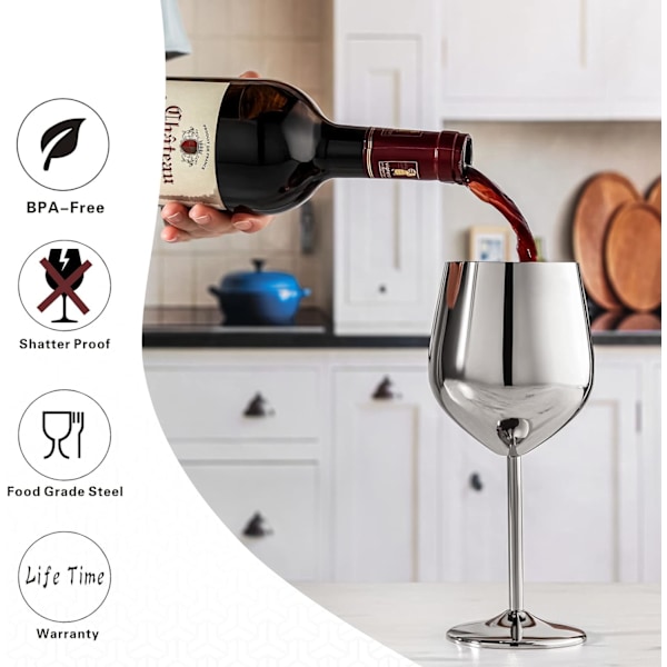 Vinglassett med 4, 53 cl Rustfritt Stål Vinglass, Knusesikkert & Bærbart Stilkglass i Metall for Utendørs, Reiser, Camping og Basseng Silver