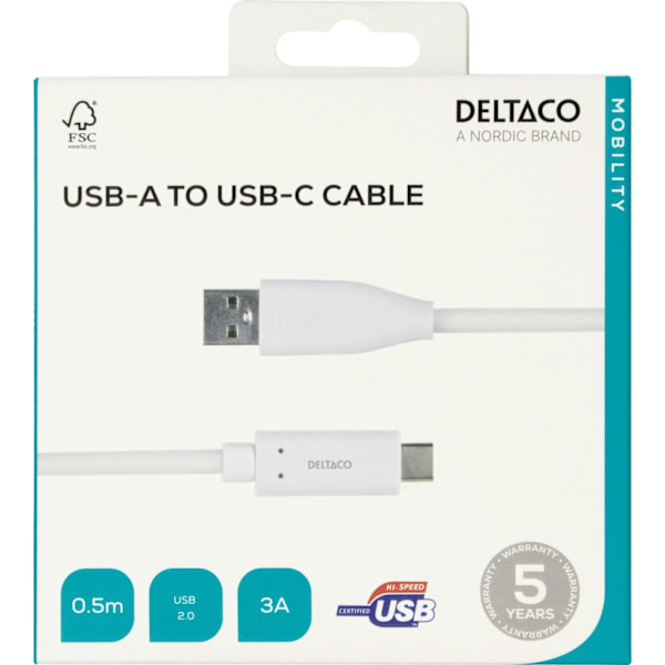 DELTACO USB-C - USB-A -kaapeli, 0,5 m, 3 A, USB 2.0, valkoinen 20