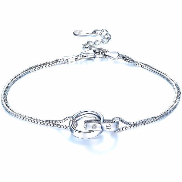 Dobbelt kæde Circle Armbånd 925 Sterling Sølv Charm Infinity Armbånd til Kvinder Jubilæum Fødselsdag