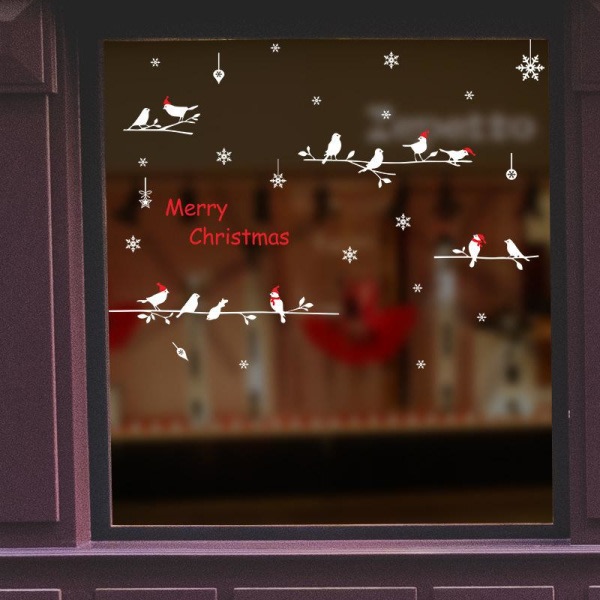 Christmas Snow Tree Birds Glass Stickers Shopping Mall Window Decal