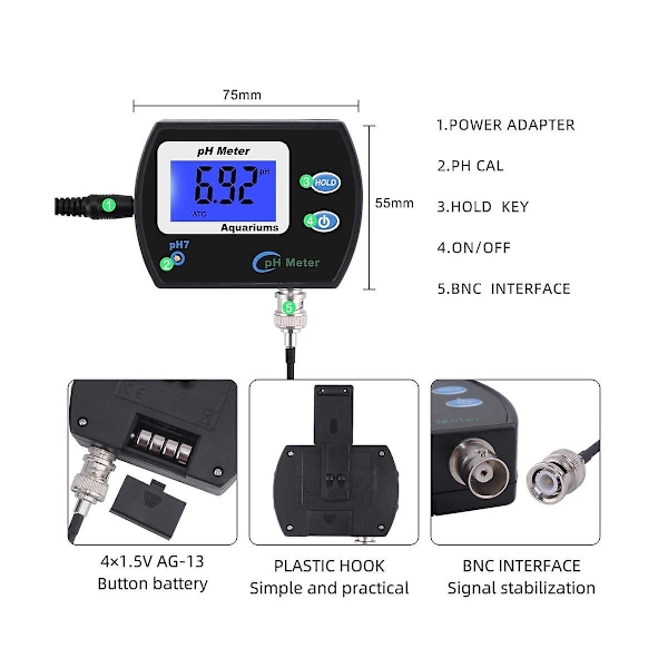 Exakt Ph-mätare för akvarium Flerparameter Vattenkvalitetsmonitor Online Ph-monitor Acidometer E