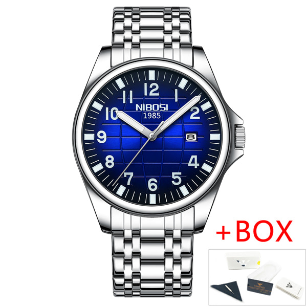 2023 NIBOSI Toppmerke Kvarts Klokke Herre Vanntett Sport Militær Armbåndsur Herre Business Rustfritt Stål Mann Klokke Reloj Hombre Silver Blue