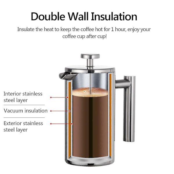 350ml/800ml/1000ml fransk presse kaffebrygger rustfrit stål dobbeltvægget isoleret kaffebrygger PotBY