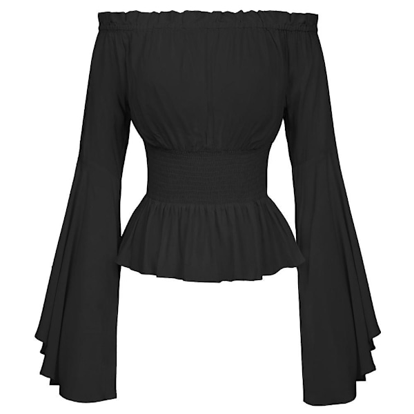 Kvinners Solid Renaissance Livstykke Midje Bluse Off Shoulder Topper Middelaldersk Viktoriansk Langærmet Skjorte Pirat Cosplay Kostyme Svart Black L