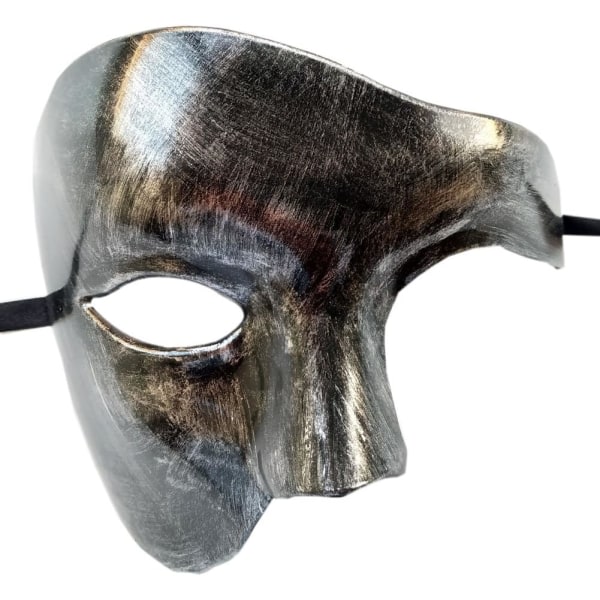 1 Masquerade Mask Retro Phantom of the Opera One Eye Half Face Costume, Half Face Phantom Mask (Ancient Silver Black)