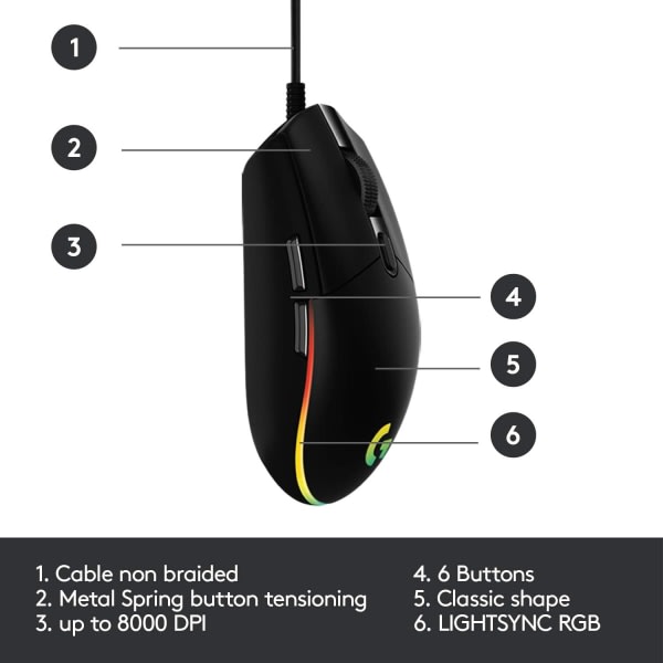 G102 LIGHTSYNCGaming-mus med RGB-belysning, 6 programmerbare knapper, Gaming Grade Sensor, 8K DPI-spårning, let - sort