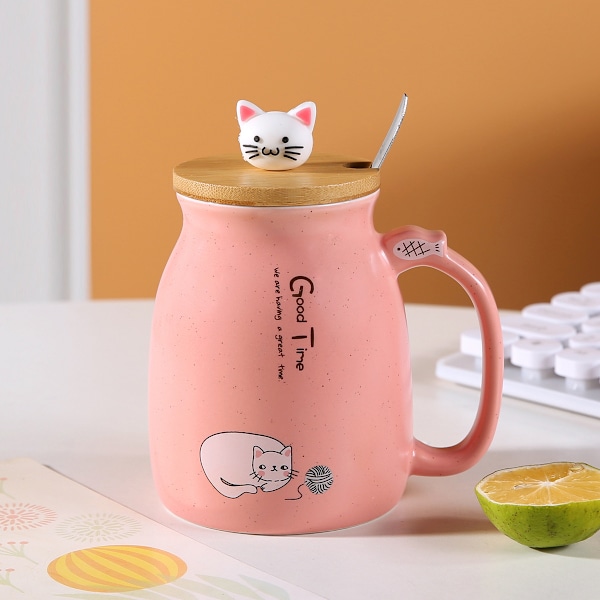 Frukostmugg Present till Vänner Katt Kaffemugg Kanin Tekopp med Lock och Sked Pink