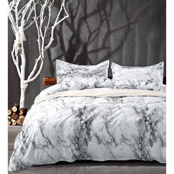 Queen sängkläder vit marmor 3 delar cover set
