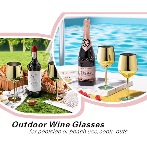 Vinglassett med 4, 53 cl Rustfritt Stål Vinglass, Knusesikre & Bærbare Stilkglass i Metall for Utendørs, Reiser, Camping og Basseng Gold