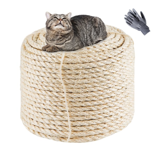 Naturligt sisalrep 8mmx60m, naturvitt ersättningsgammalt rep för katter med ett par skyddshandskar för kattskrapstolpe Kattträdblomma