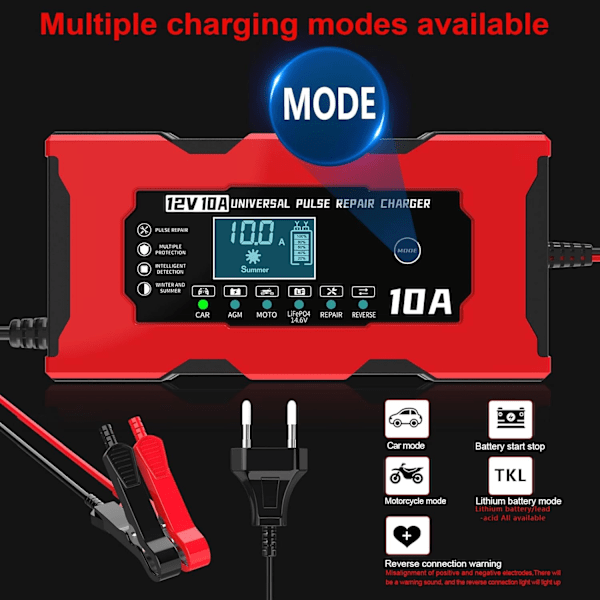10A 12V LiFePO4 Batterilader, Smart Batterilader med Automatisk Reparasjonsfunksjon og LCD-Skjerm, Bilbatterilader