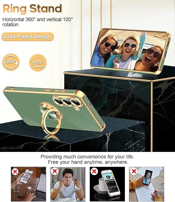 LeYi for Samsung Galaxy S25 FE Case, 2-Pack Screen Protector, 360° Rotatable Ring Holder, Magnetic Stand, Rose Gold Edge, Green Green