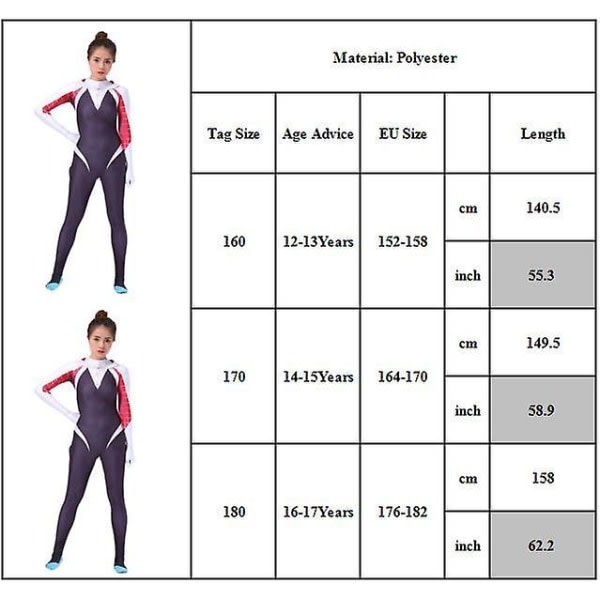 12-17 år Barn Tonåringar Flickor Spider Gwen Cosplay Festdräkt Halloween Jumpsuit Fancy Dress Up Bodysuit Presenter 16-17 år