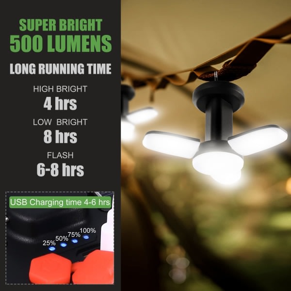 Ultrasterk LED campinglys, 2 justerbare lysmoduser, 5 lademetoder, med håndsveiv dynamo, lang lystid