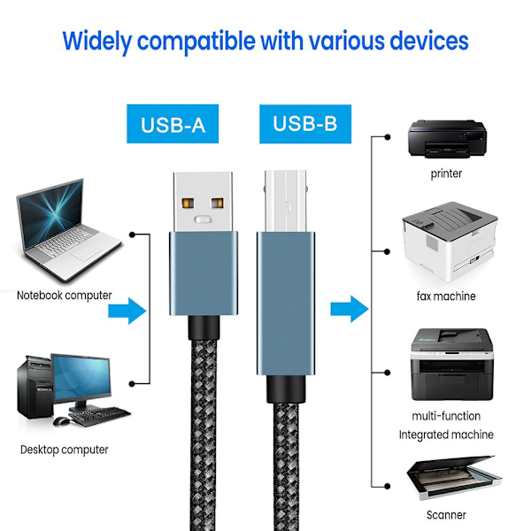 Skriverkabel USB A til USB B 2.0 GRÅ 3M Grå 3m Grey