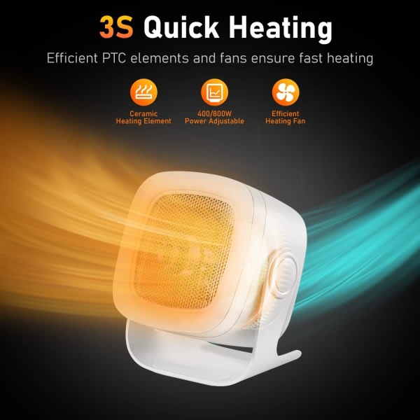 Space Heater 1800W Tyst elektrisk fläktvarmere, mini keramisk varmefläkt Sikker hurtig opvarmning med overskydende beskyttelse Badrum Hemmakontor-Vit