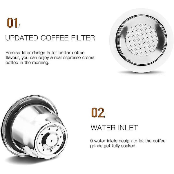 Kapsel, Genanvendelig, Rustfrit Stål, 3 Genopfyldbare Pads til Nespresso + 1 Tamp + 1 Ske + 1