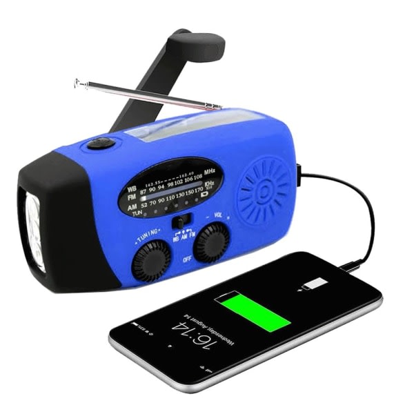 Hand-Crank Radio 2000mAh Powerbank, aurinkokennot, taskulamppu - sininen