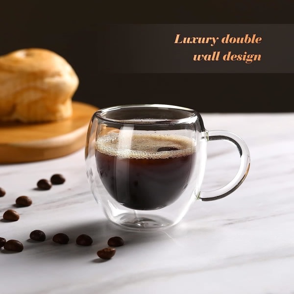 2-pakning 2,5 oz espressokopper med håndtag, espressoshotglass, klara expresso kaffekoppar, dubbelveggisolerad