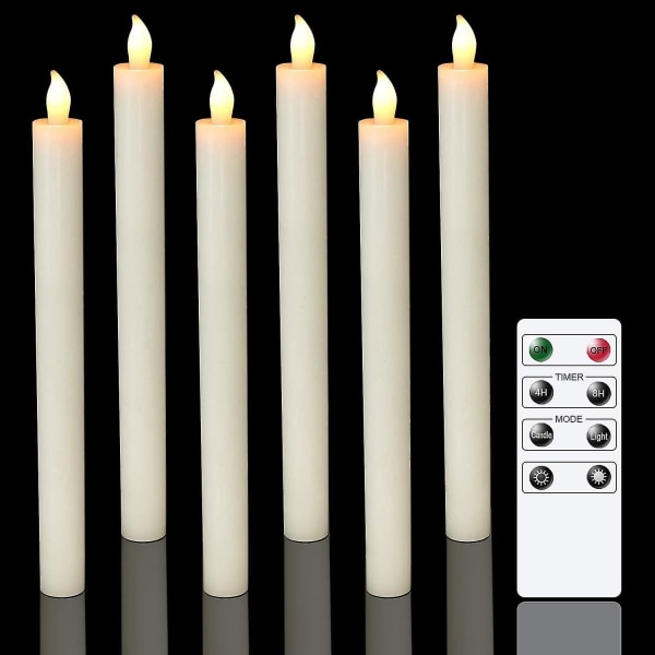 6-pak batteri-drevne LED-lys med fjernkontroll og timer, ekte voks flimrende varmt hvitt lys for vinduer, juledekorasjon, hjem, bryllup, elfenben