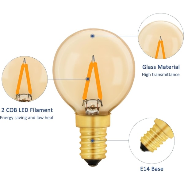 G40 Vintage Mini E14 LED-glödlampa 1W, Amber Edison Ersättningslampa E14 10W för dekorativa lampor, varmvit 2200K, ej dimbar, paket med 6