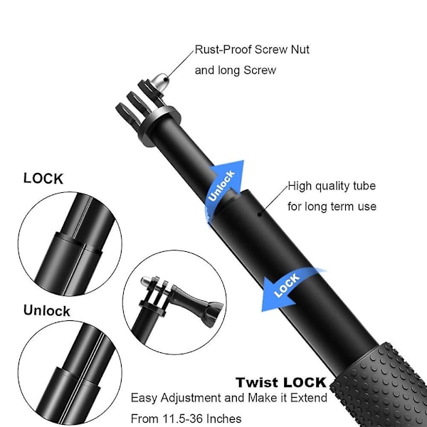 Bærbar 19' Utvidbar Håndholdt Stang Teleskopisk Selfie Monopod Stick for GoPro Hero 7 6 5 4 3